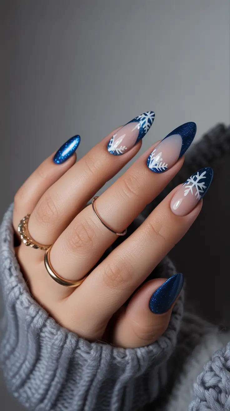 christmas french nails almond Midnight Blue Snowstorm