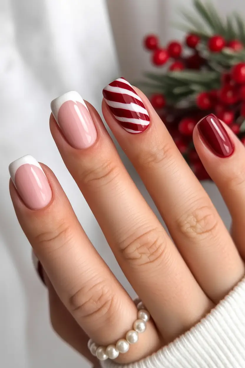 christmas french nails red Candy Cane Charm