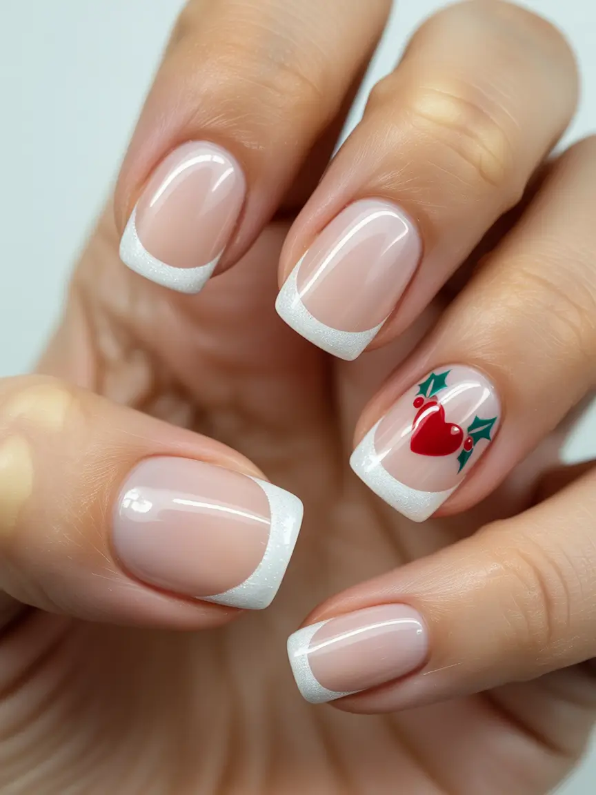 christmas french nails white Classic French with a Festive Heart