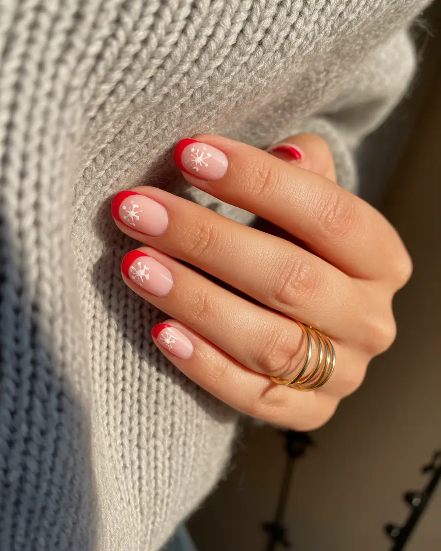 christmas french nails red Red-Tipped Cheer with Snowflake Charm