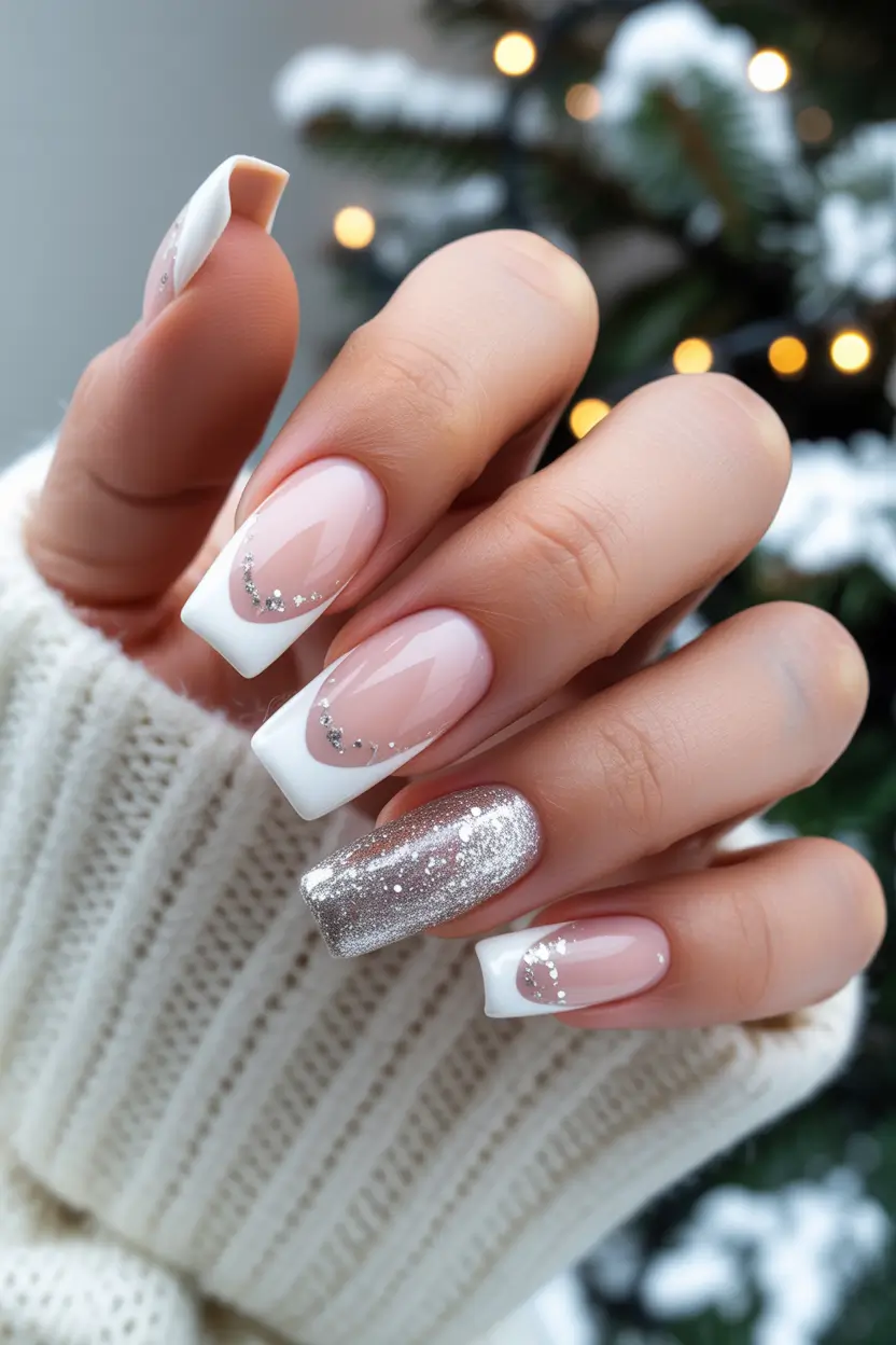christmas french nails glitter Silver Sparkle & Crescent French Magic