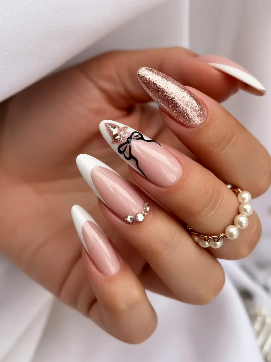 christmas french nails almond Rose Gold Glam with Modern French Twist