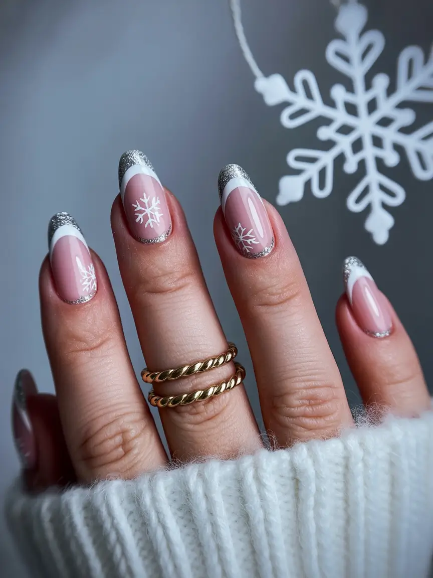 christmas french nails glitter Frosted Elegance with Silver Sparkle