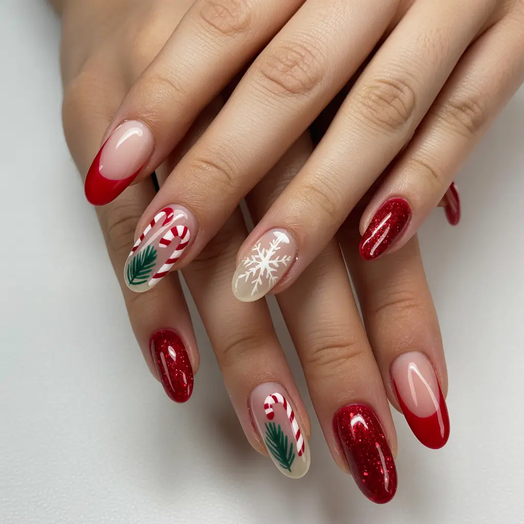 christmas french nails red Candy Cane Joy & Festive Red