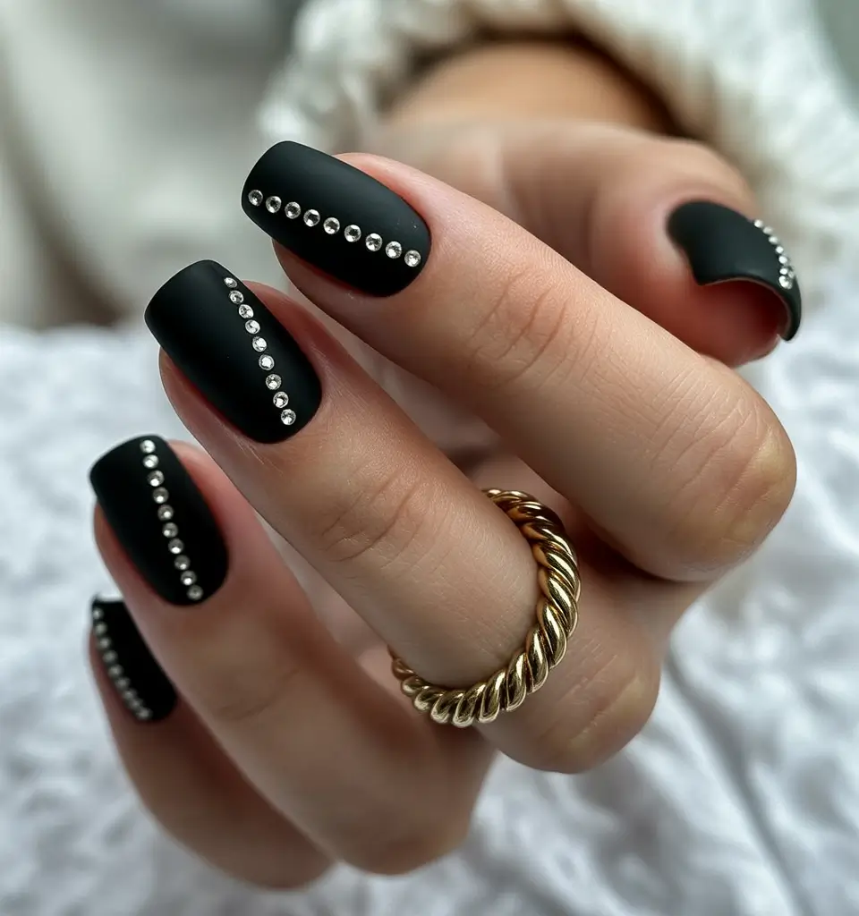 black christmas nails short square Midnight Crystal Lines