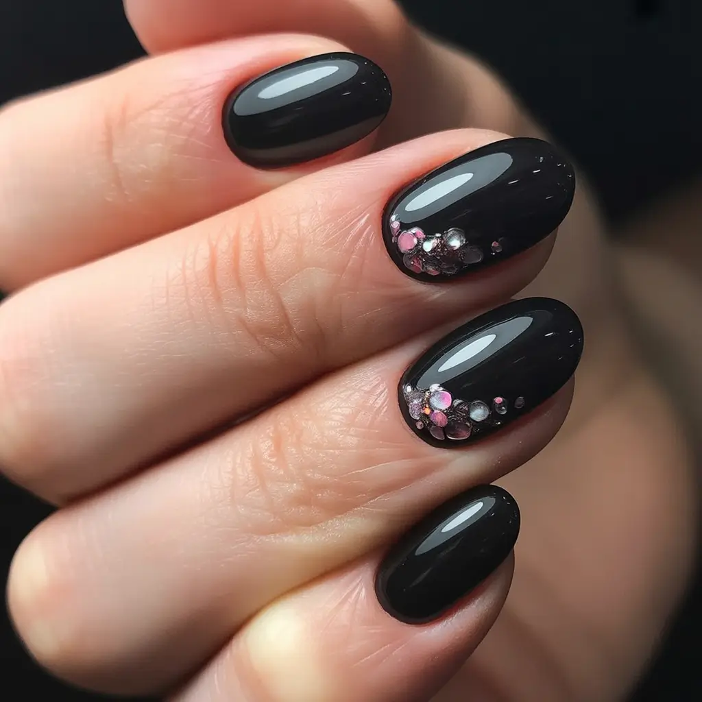 black christmas nails designs short almond Black Velvet with Pink Crystals