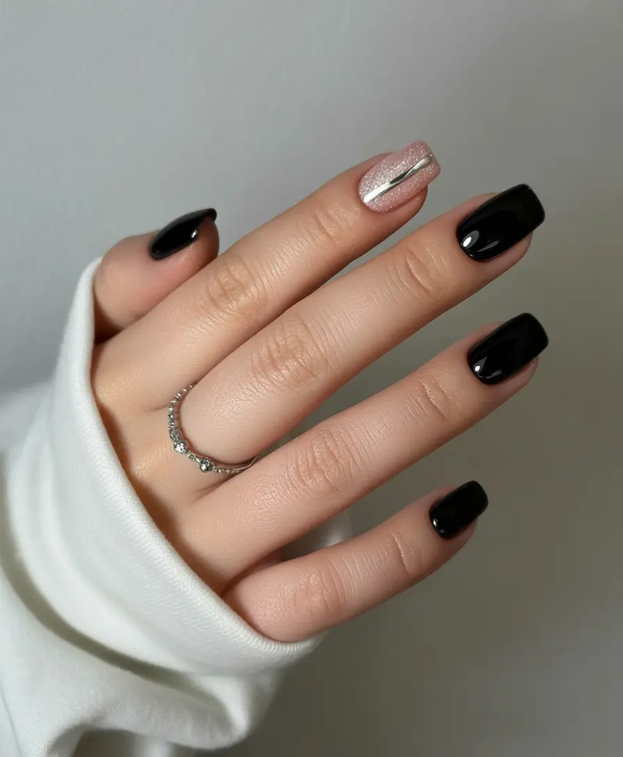 black christmas nails short square Silver Ribbon Accent