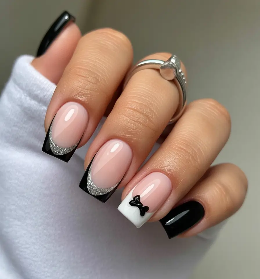 black christmas nails designs holidays Modern Bow French