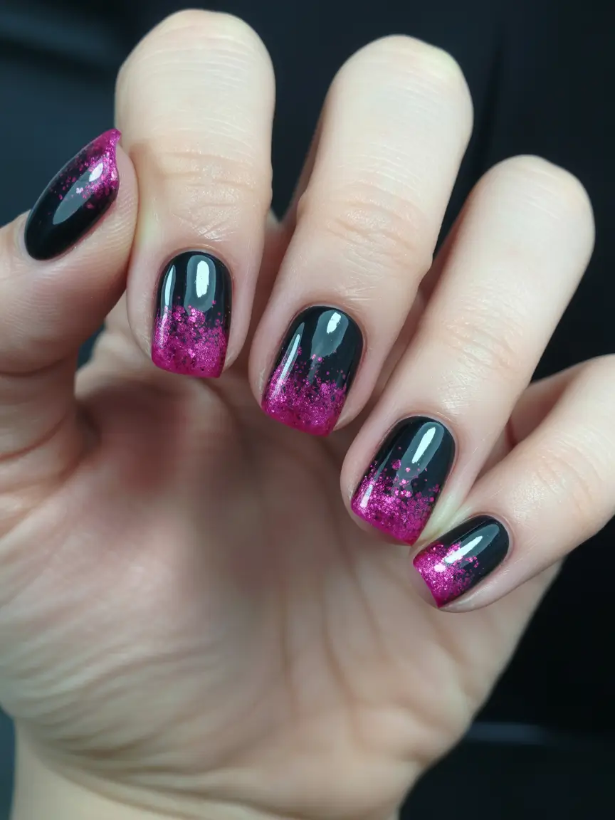 black christmas nails winter short Pink Frost Gradient