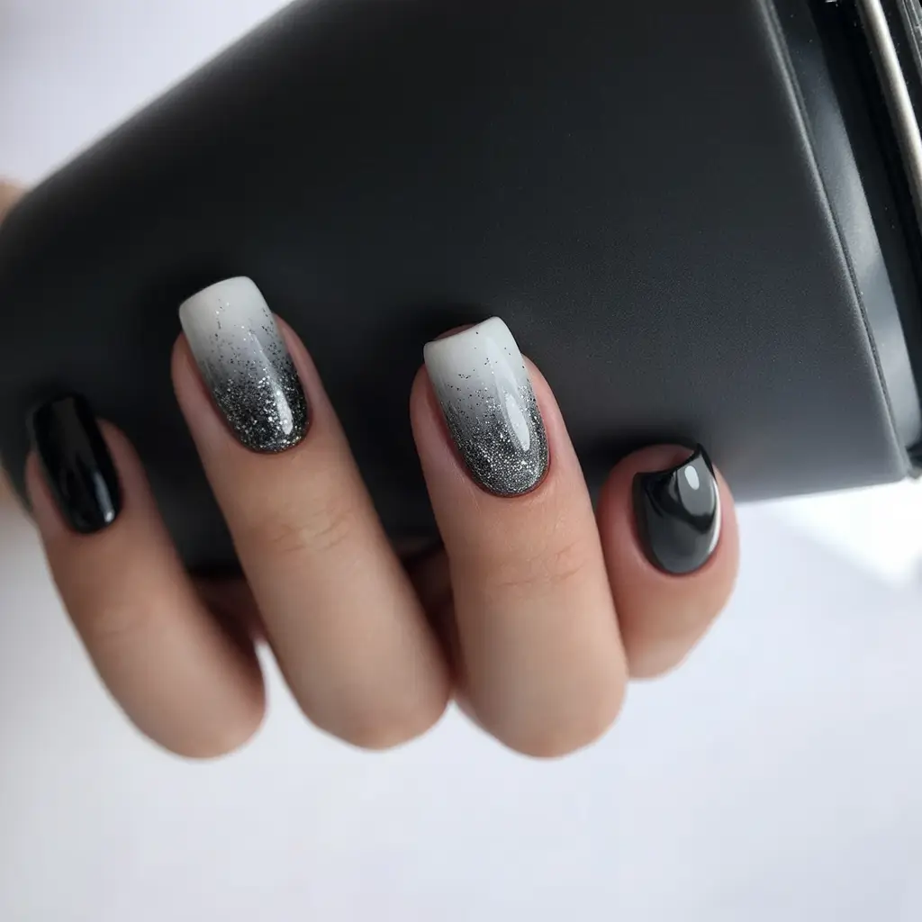 black christmas nails winter Frosted Charcoal Ombre Glow