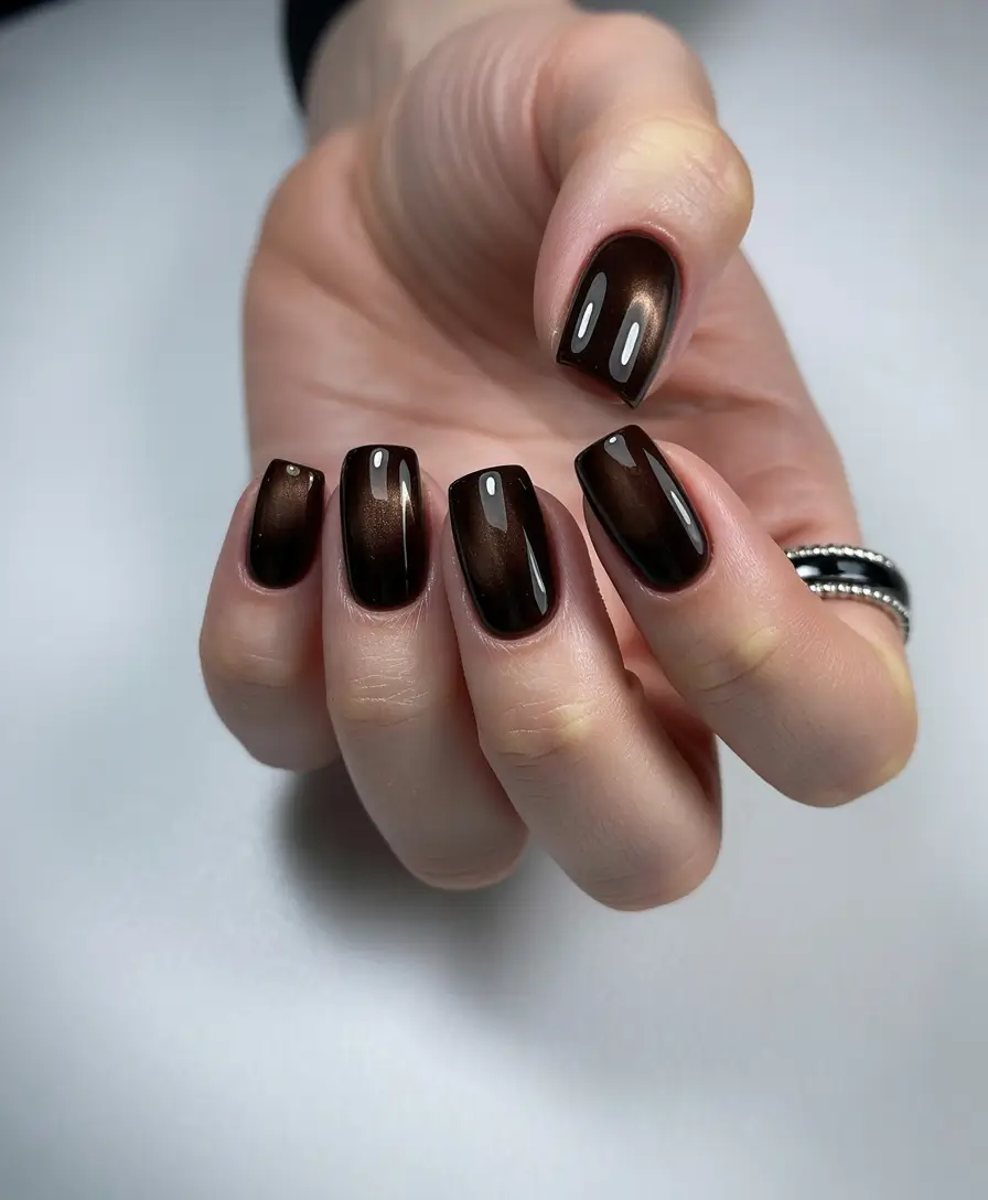 black christmas nails almond Mocha Velvet Cat-Eye Shine