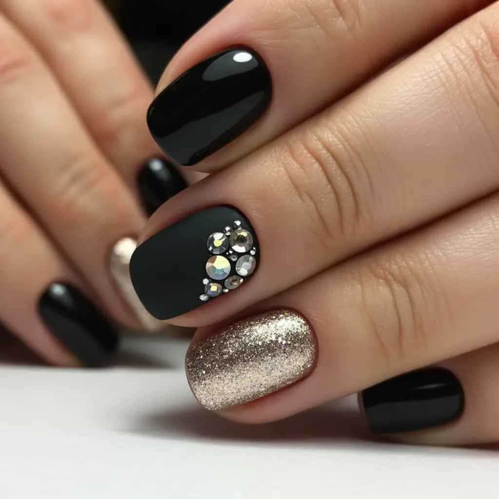 black christmas nails square Golden Night Elegance