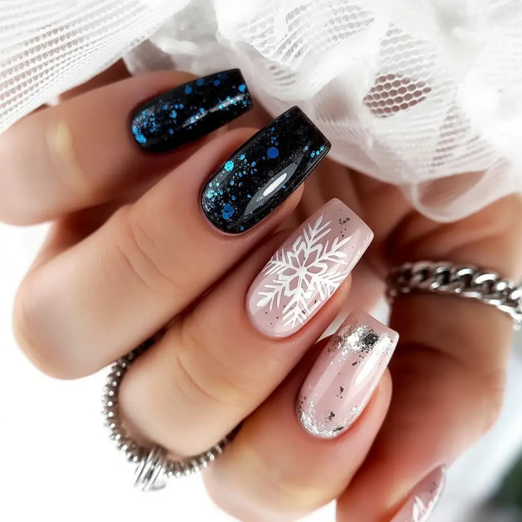black christmas nails winter almond Starry Snowflake Sparkle
