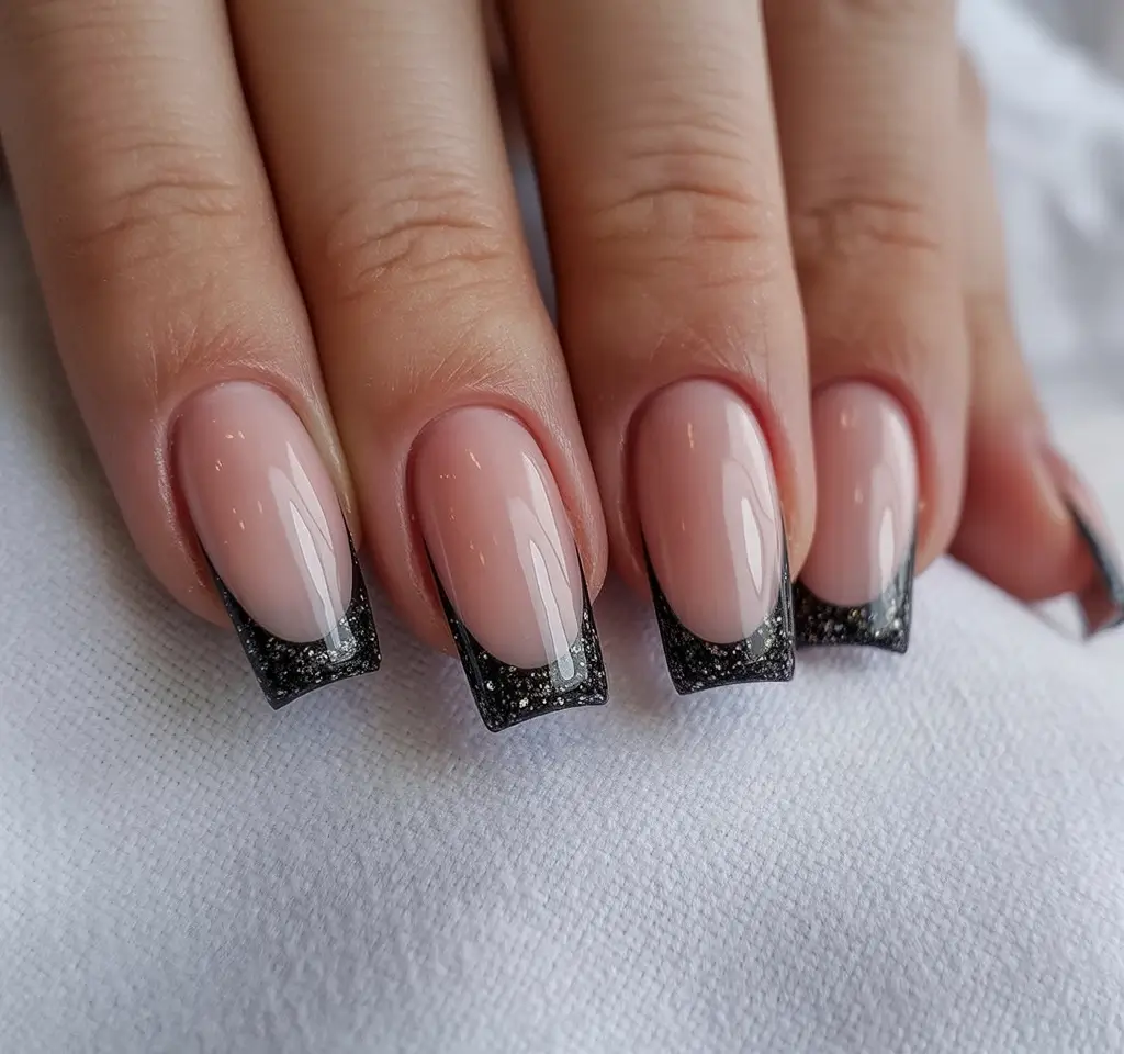 black christmas nails short square Midnight French with Glitter Tips