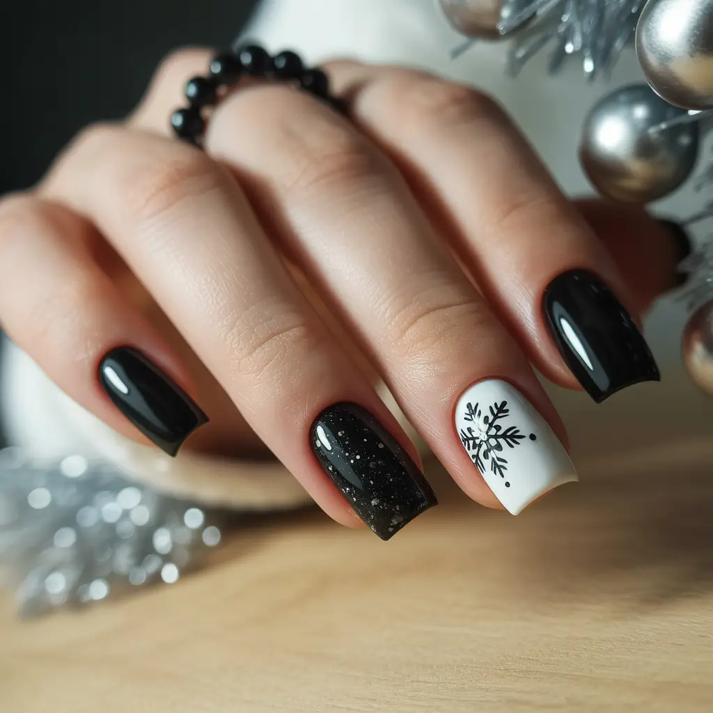 black christmas nails winter short Monochrome Snowflake Charm