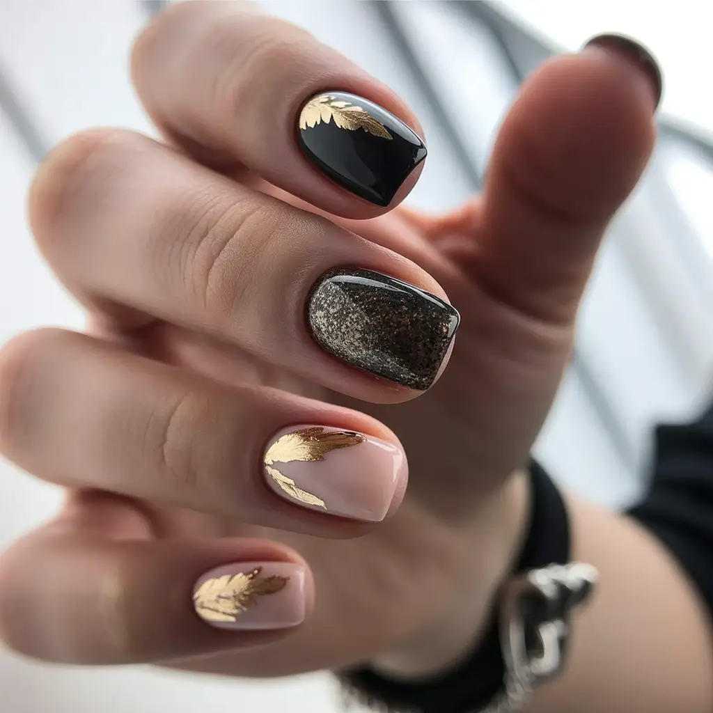 black christmas nails short square Golden Leaf Glamour