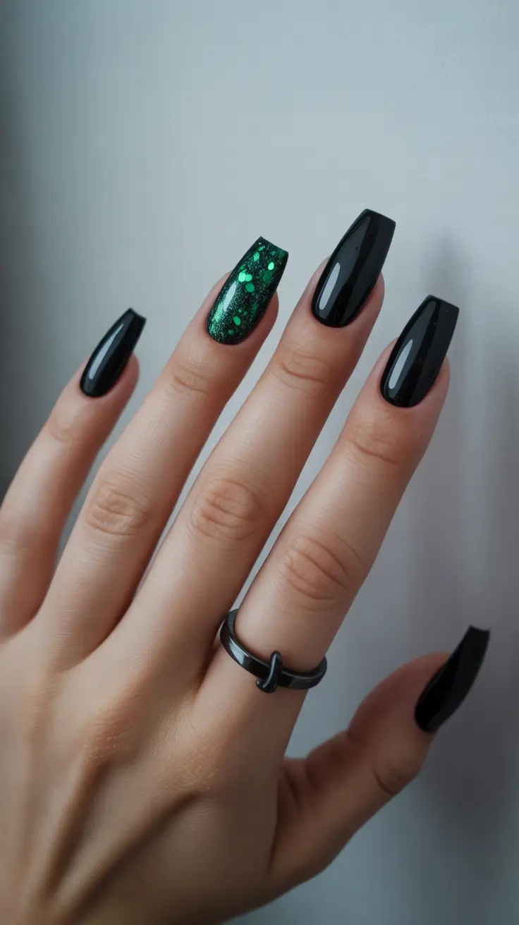 black christmas nails coffin Emerald Midnight Magic