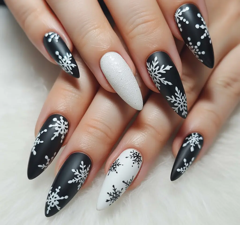 black christmas nails winter almond Snow Queen Matte Fantasy