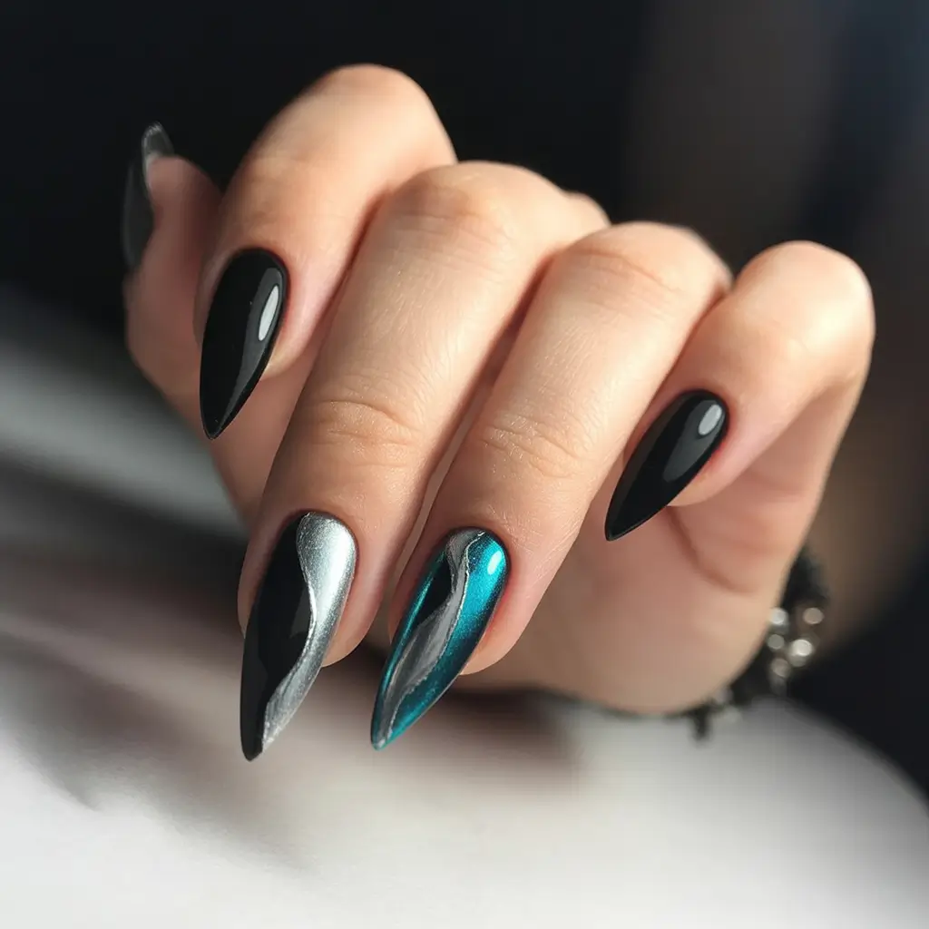 black christmas nails almond Metallic Aurora Flow