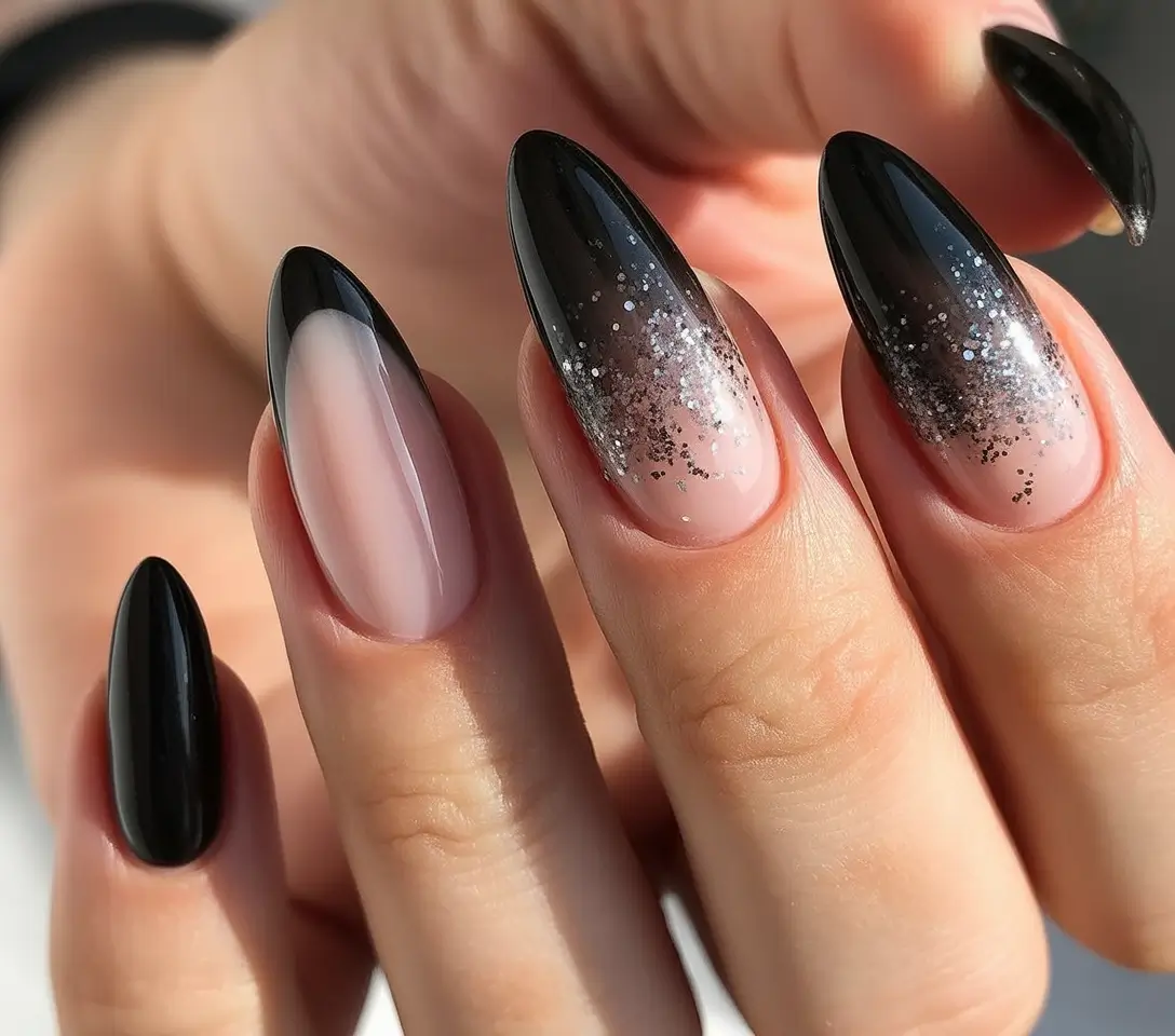 black christmas nails winter almond Frosted Ombre Elegance