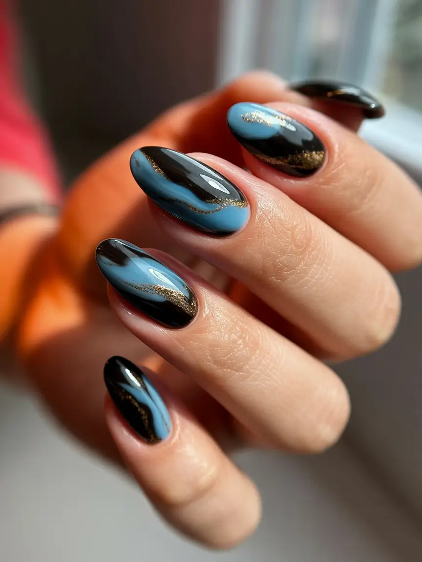 black christmas nails designs almond Blue Velvet Waves