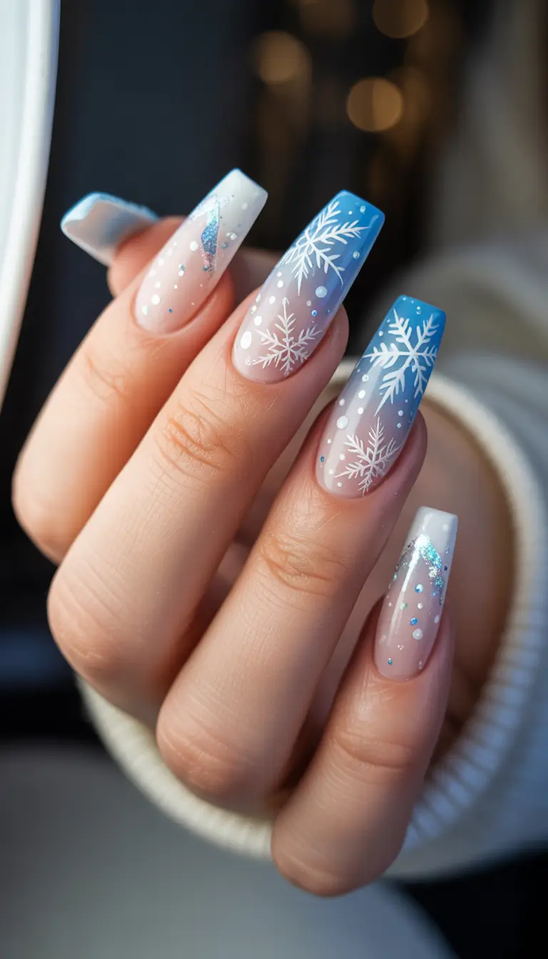 blue christmas nails winter Frosted Snowflake Elegance