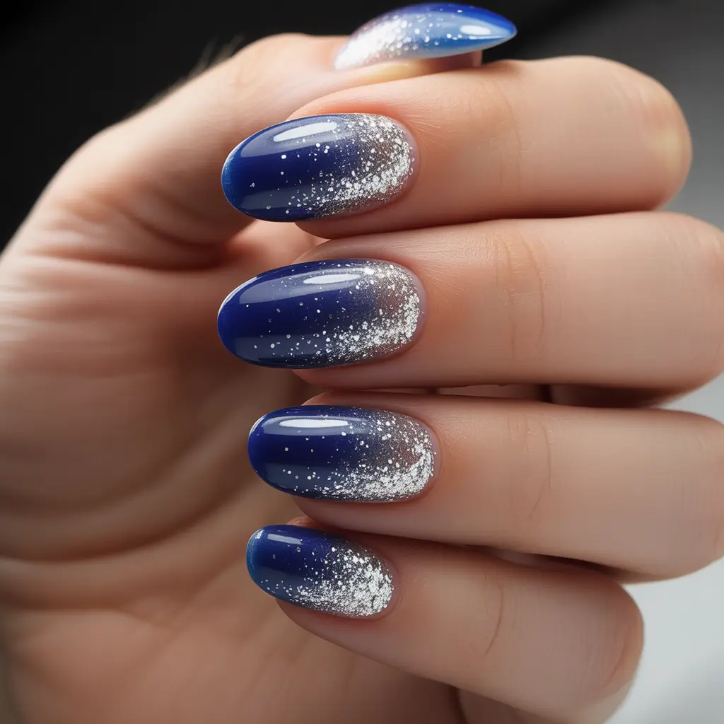 blue christmas nails almond Silver Frost Fade
