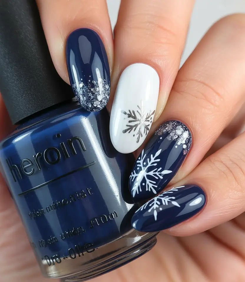 blue christmas nails designs Navy Frost and White Accents