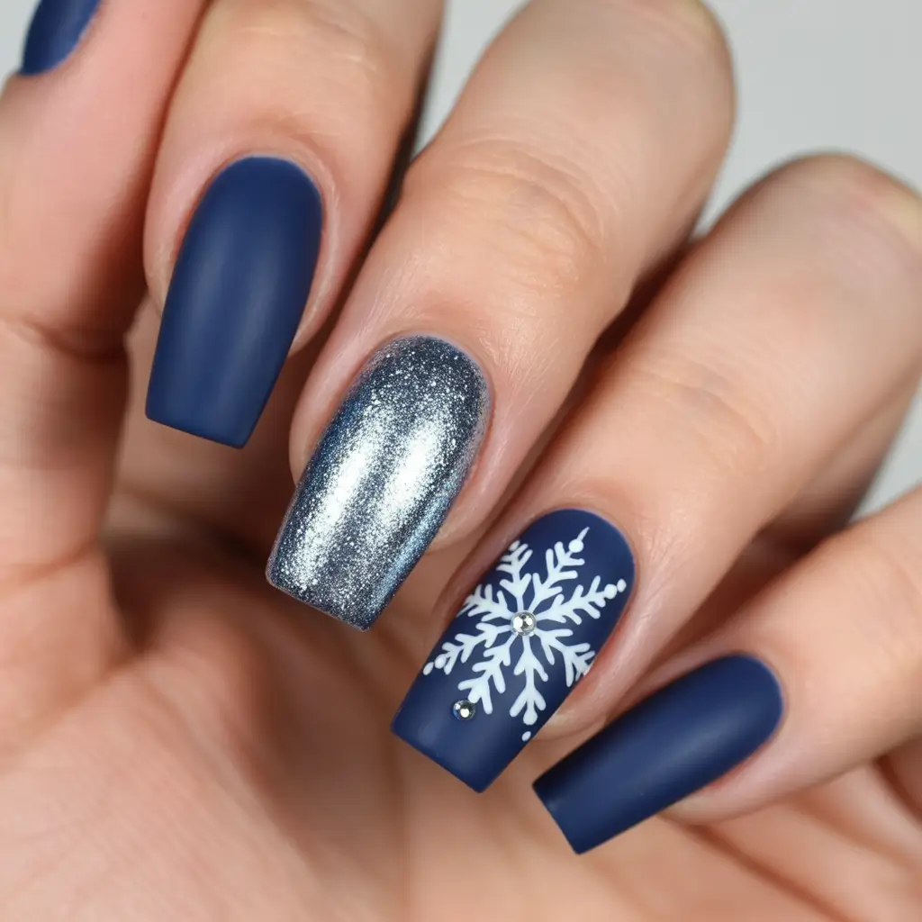 blue christmas nails simple Matte Navy Snowfall