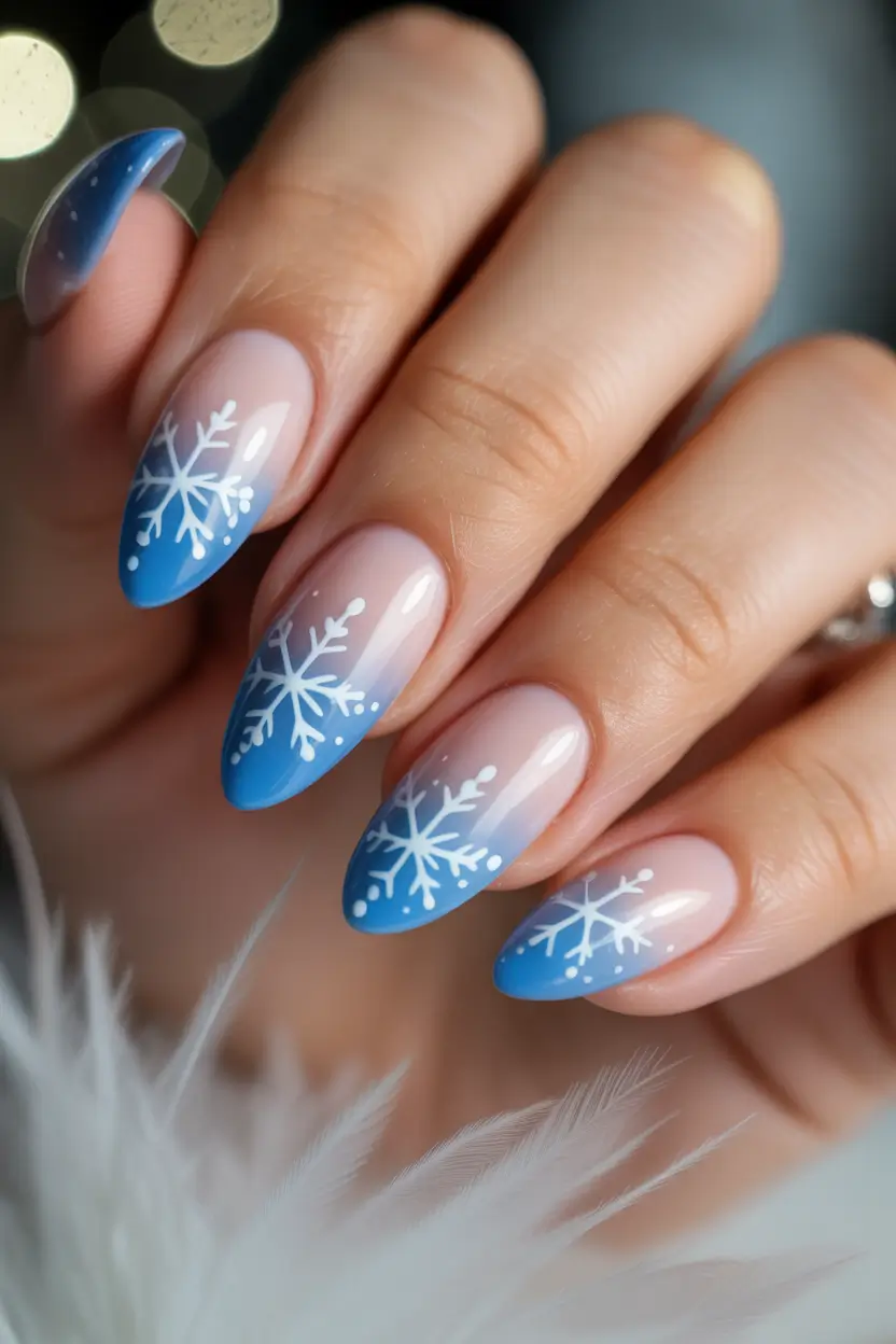 blue christmas nails almond Snowflake French Fade