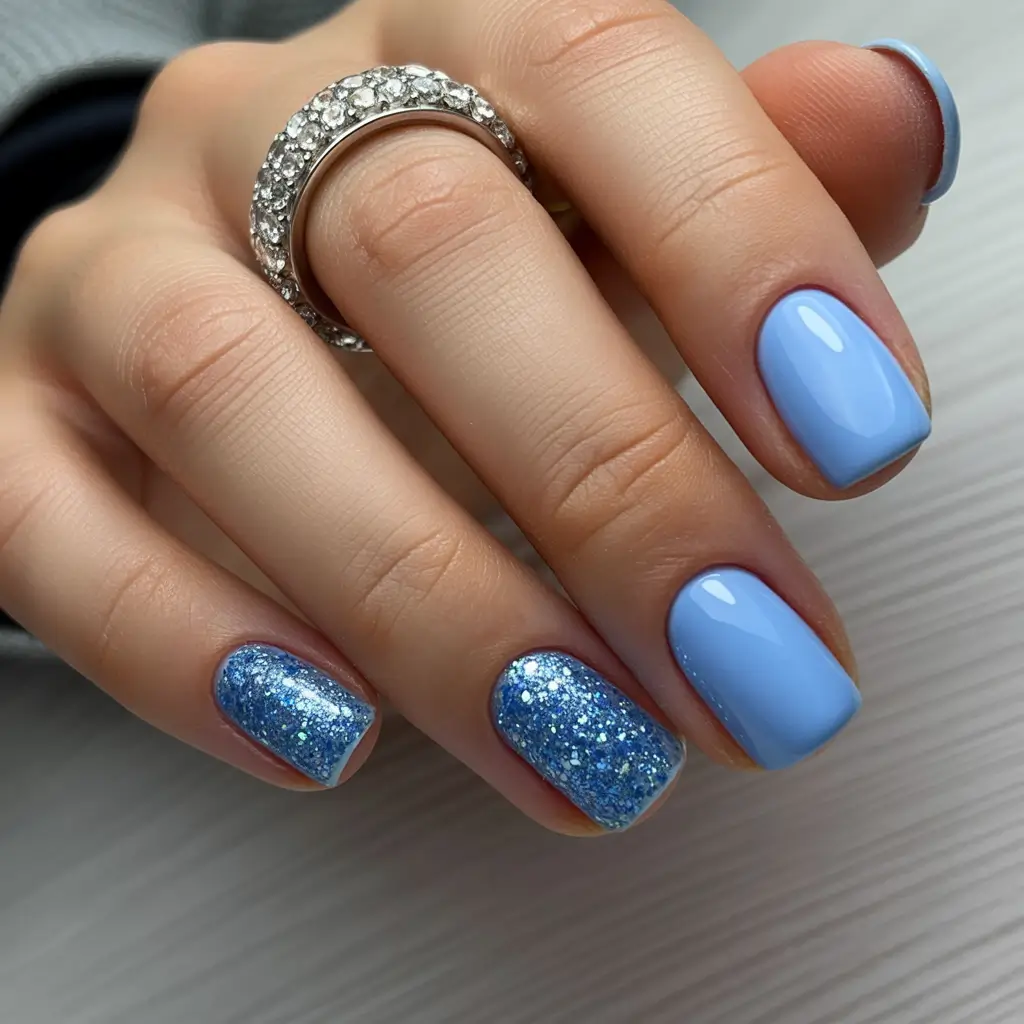 blue christmas nails short Soft Blue Glitter Glow