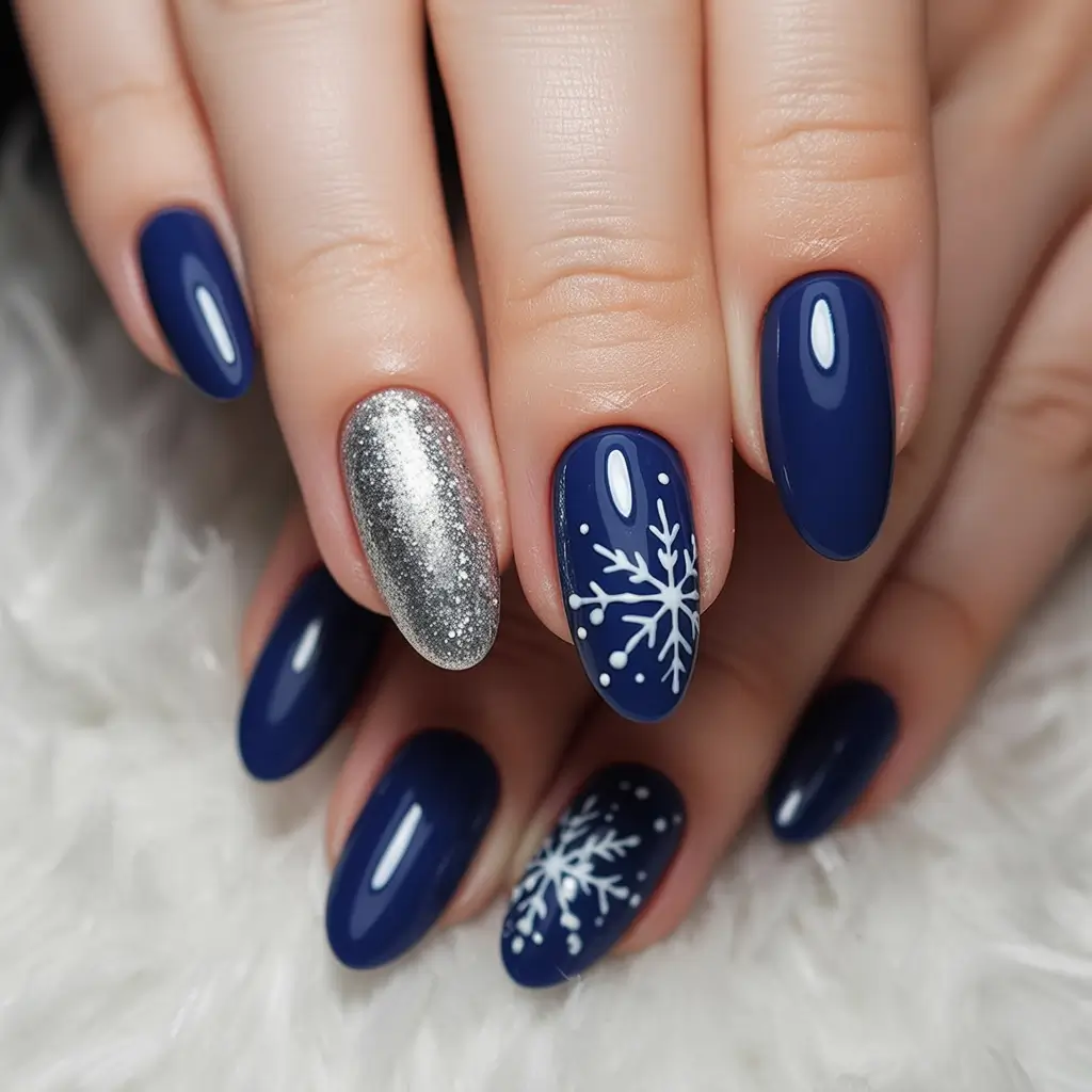 blue christmas nails winter snowflakes Navy Sparkle Snowflakes