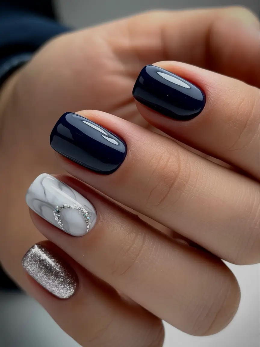 blue christmas nails designs Marble & Midnight