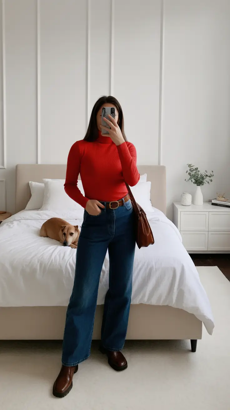 christmas outfit ideas for women Everyday Cheer Cozy Red Knit and Denim