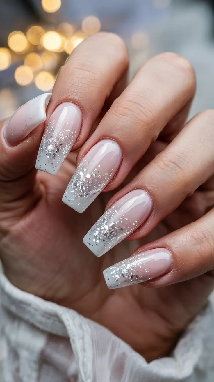 classy winter nails coffin Silver Sparkle Ombre