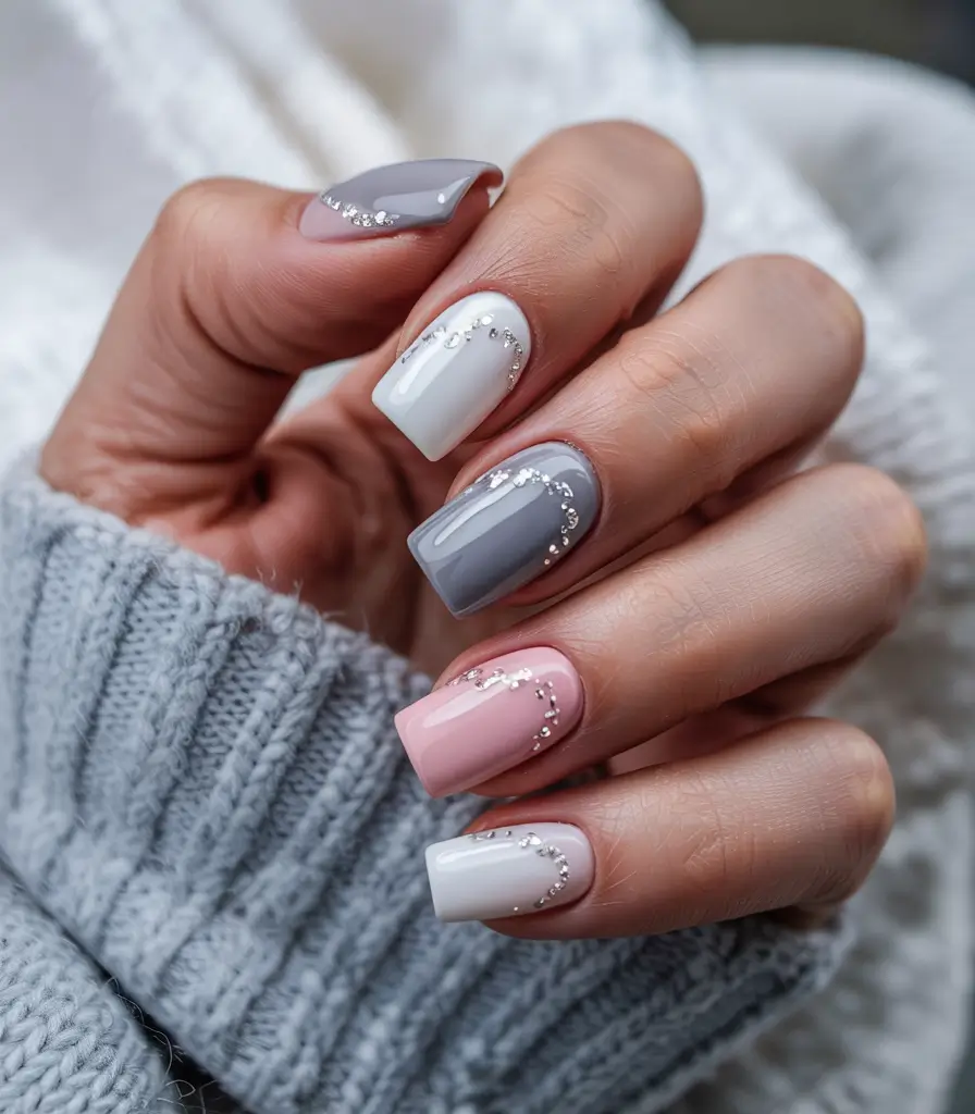classy winter nails square Muted Grey & Blush Elegance