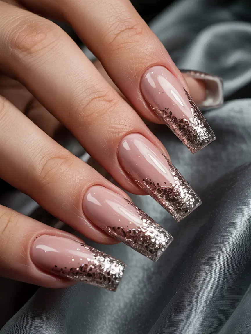 classy winter nails coffin Champagne Glitter Tips