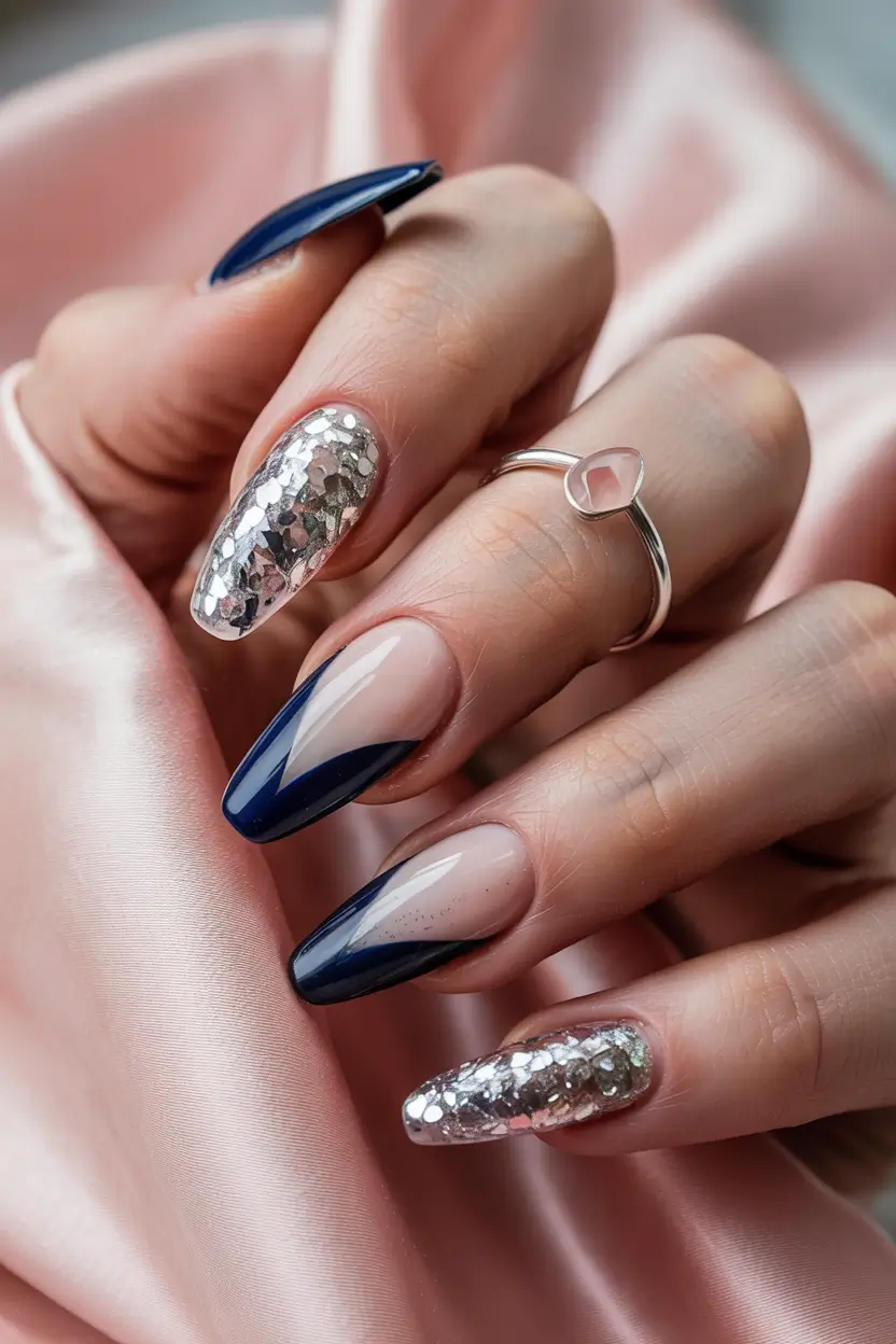 classy winter nails almond Silver & Navy Glam Contrast