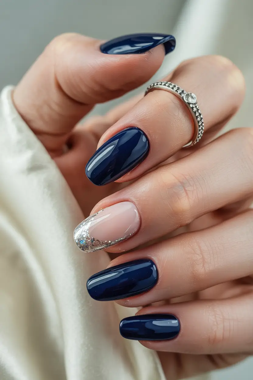 classy winter nails french tip Midnight Spark -- Navy and Silver Accent
