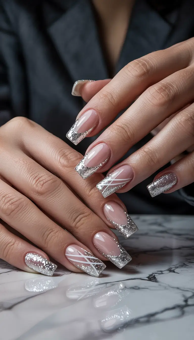 classy winter nails white Frosted Glam -- Silver-Tipped Elegance