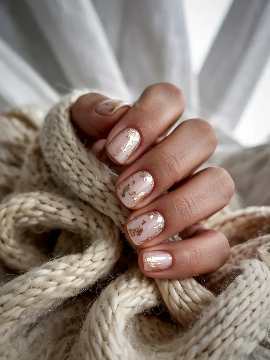 short winter nails 2025 Golden Flakes and Cozy Cream