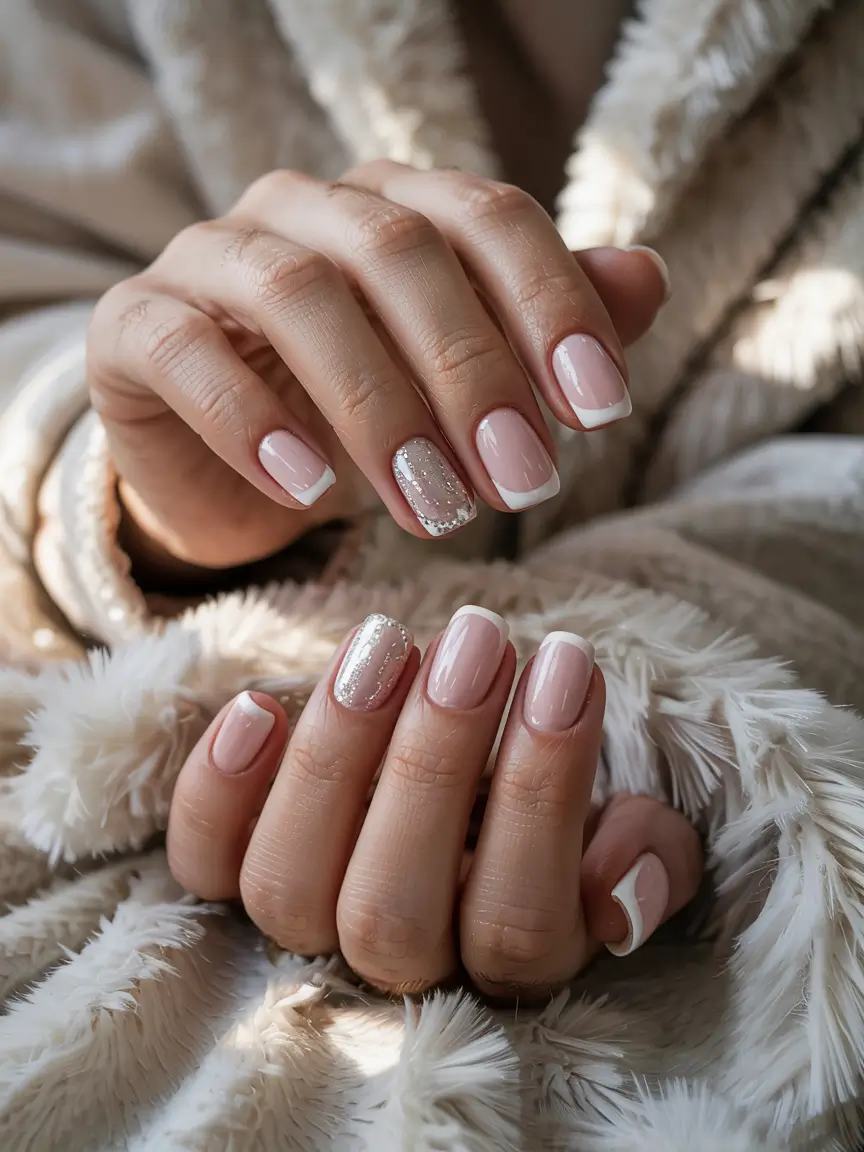 short winter nails soft french sparkle