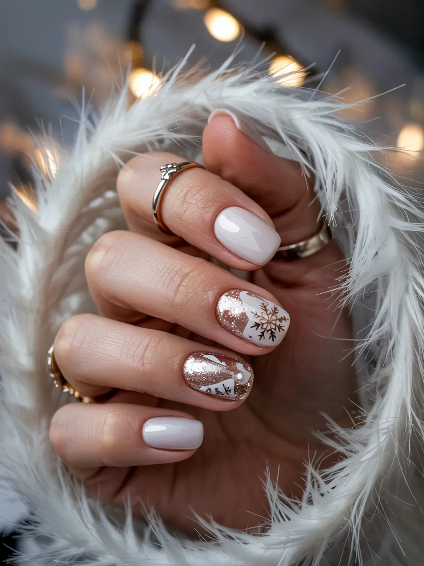 short winter nails golden snowflakes