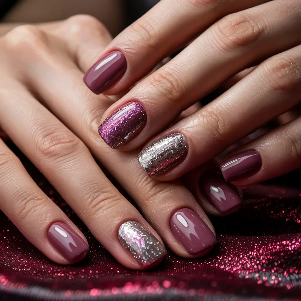simple winter nails glam plum silver duo