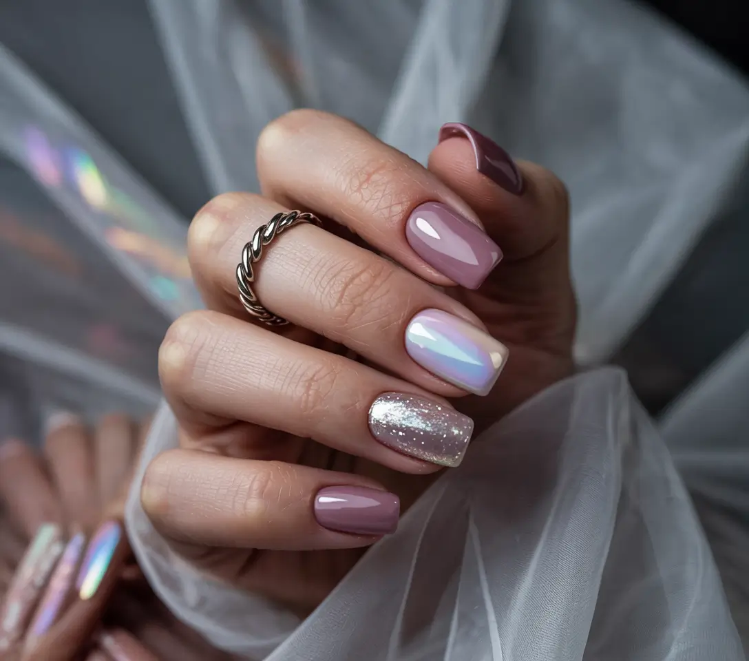 simple winter nails iridescent mauve glow