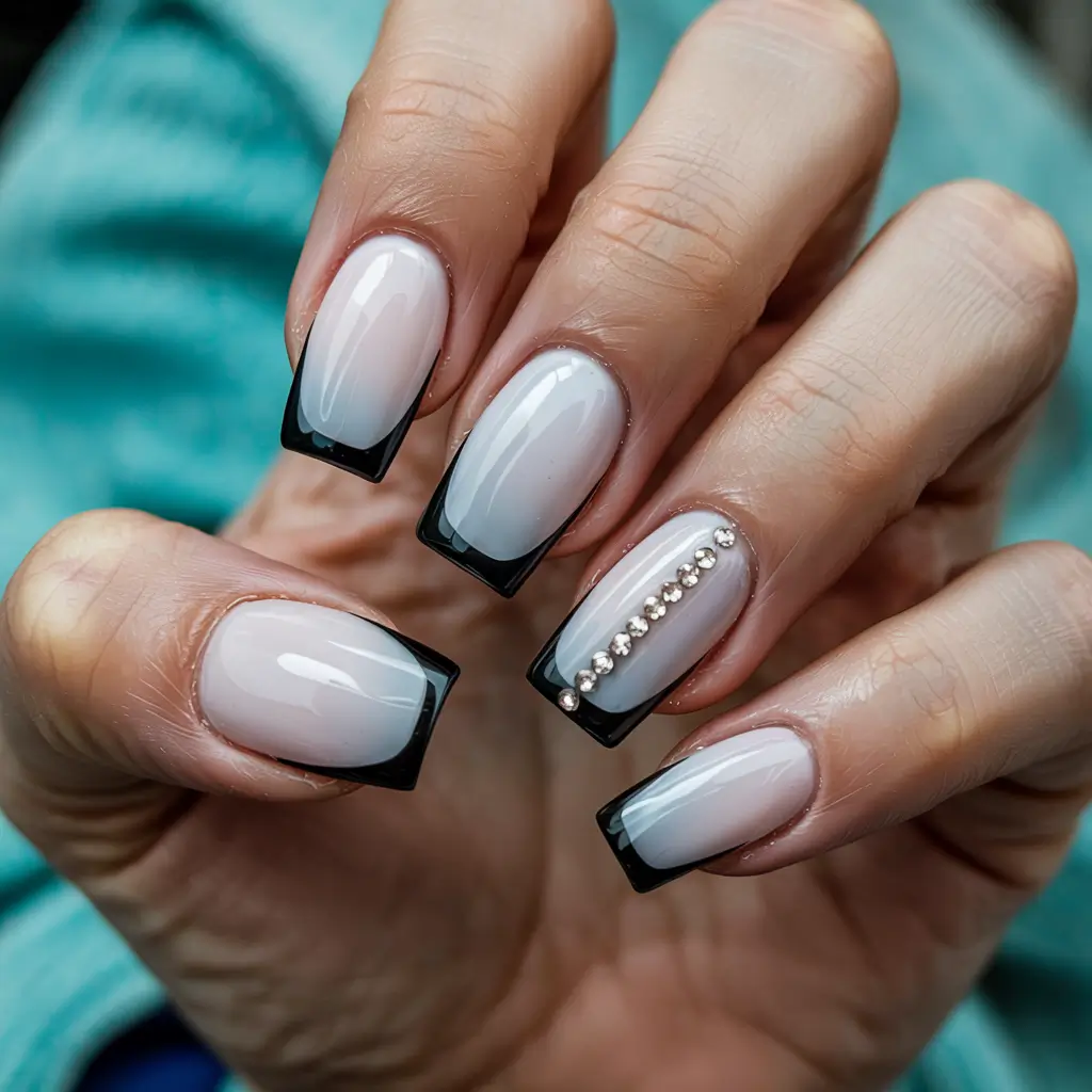 winter nails inspo 2025 Elegant Black-Tipped French with Crystal Line