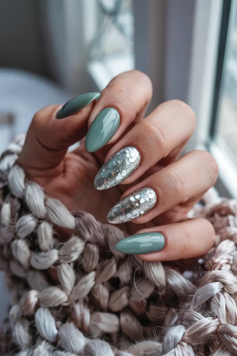 winter nails inspo 2025 Minty Sage with Mirror Glitter