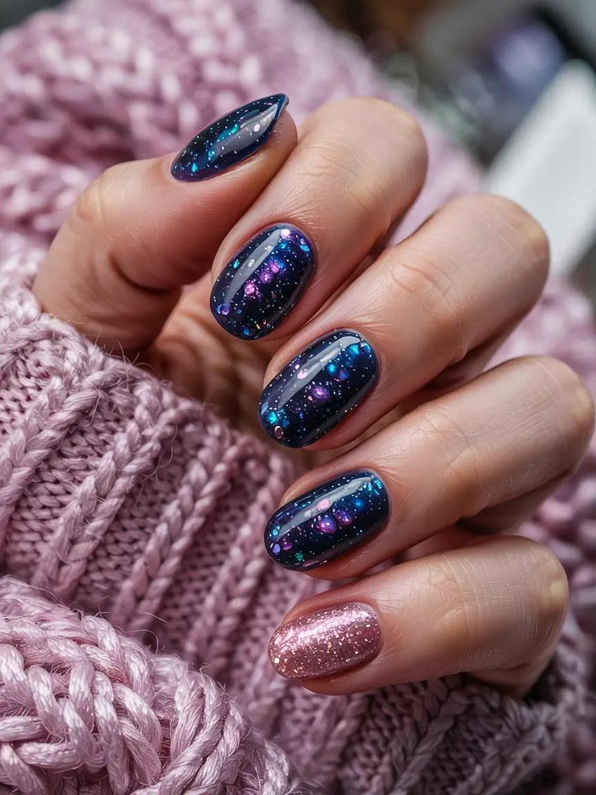 winter nails inspo 2025 galactic blue glow