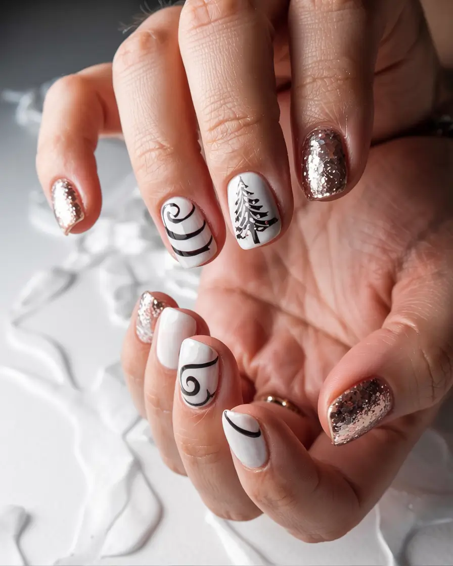 winter nails inspo 2025 Minimalist White and Black Swirls with Gold Glitter