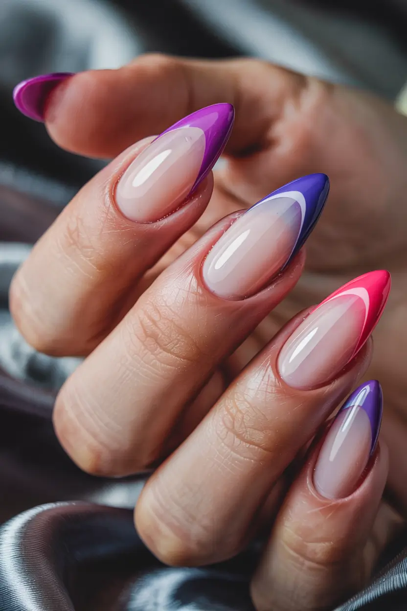 winter nails inspo 2025 Color-Pop French with Purple and Fuchsia Tips